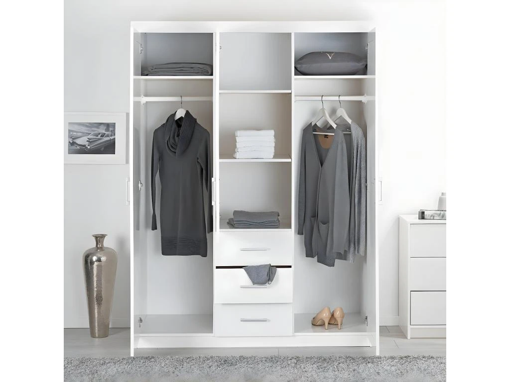 ALASKA - Armoire 3 Portes 1 Miroir Bois Massif Vernis Blanc 6 ALASKA - Armoire 3 Portes 1 Miroir Bois Massif Vernis Blanc – Image 4