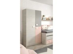 Armoire Enfant Avec 2 Portes Coloris Blanc Alpes / Rose - 200 X 90 X 52 Cm