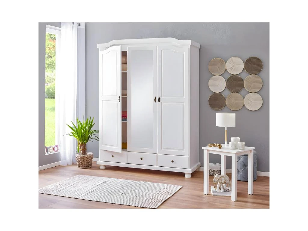 NEDER - Armoire 3 Portes Avec Penderie Bois Massif Vernis Blanc 4 NEDER - Armoire 3 Portes Avec Penderie Bois Massif Vernis Blanc â Image 2