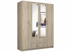 ROMA | Grande Armoire Chambre Bureau 205x160x52 Cm | Penderie | 2 Portes | 2 Miroirs | 2 Tiroirs | Meuble De Rangement