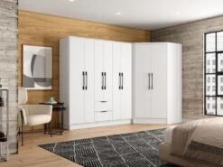Armoire D'angle 8 Portes Et 2 Tiroirs - L263 Cm - Blanc - FEOVA