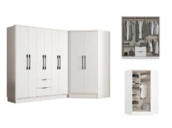 Armoire D'angle 8 Portes Et 2 Tiroirs - L263 Cm - Blanc - FEOVA -Meubles Soldes Boutique armoire et dressing 19448503