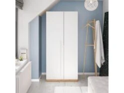 Armoire 2 Portes Battantes Blanc/Chêne - TOZA - L 90 X L 52 X H 200 Cm