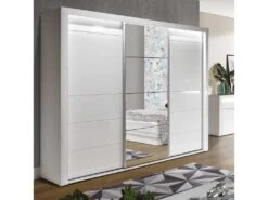 Armoire 3 Portes Coulissantes Blanc Brillant à LED - KIELE - L 235 X L 62 X H 210 Cm