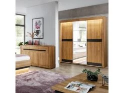 Armoire 3 Portes Coulissantes Miroir Chêne/Gris à Led - CRACOVIE - L 234 X L 62 X H 210 Cm -Meubles Soldes Boutique armoire et dressing 19721755