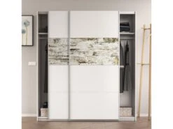 Armoire 2 Portes Coulissantes Blanc/Bois Blanchi - COPIST - L 180 X L 63 X H 200 Cm