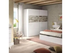 Armoire 2 Portes Coulissantes Blanc/Bois Blanchi - COPIST - L 180 X L 63 X H 200 Cm -Meubles Soldes Boutique armoire et dressing 19721793