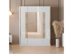 Armoire 4 Portes Battantes Blanc Brillant/Or - NAHESA - L 162 X L 53 X H 212 Cm