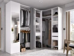 Dressing D'angle Avec Rideau Et 1 Porte - Avec Miroir - L231 Cm - Blanc Et Gris - BERTRAND