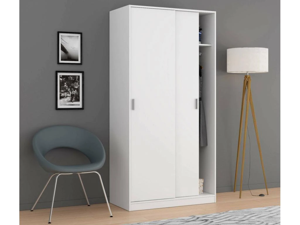Vestiaire Dagnan, Armoire De Chambre à 2 Portes Coulissantes, Armoire Avec étagère Et Barre De Cintre, 100x50h200 Cm, Blanc 4 Vestiaire Dagnan, Armoire De Chambre à 2 Portes Coulissantes, Armoire Avec étagère Et Barre De Cintre, 100x50h200 Cm, Blanc – Image 2