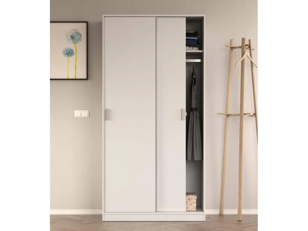 Vestiaire Dagnan, Armoire De Chambre à 2 Portes Coulissantes, Armoire Avec étagère Et Barre De Cintre, 100x50h200 Cm, Blanc 6 Vestiaire Dagnan, Armoire De Chambre à 2 Portes Coulissantes, Armoire Avec étagère Et Barre De Cintre, 100x50h200 Cm, Blanc – Image 4