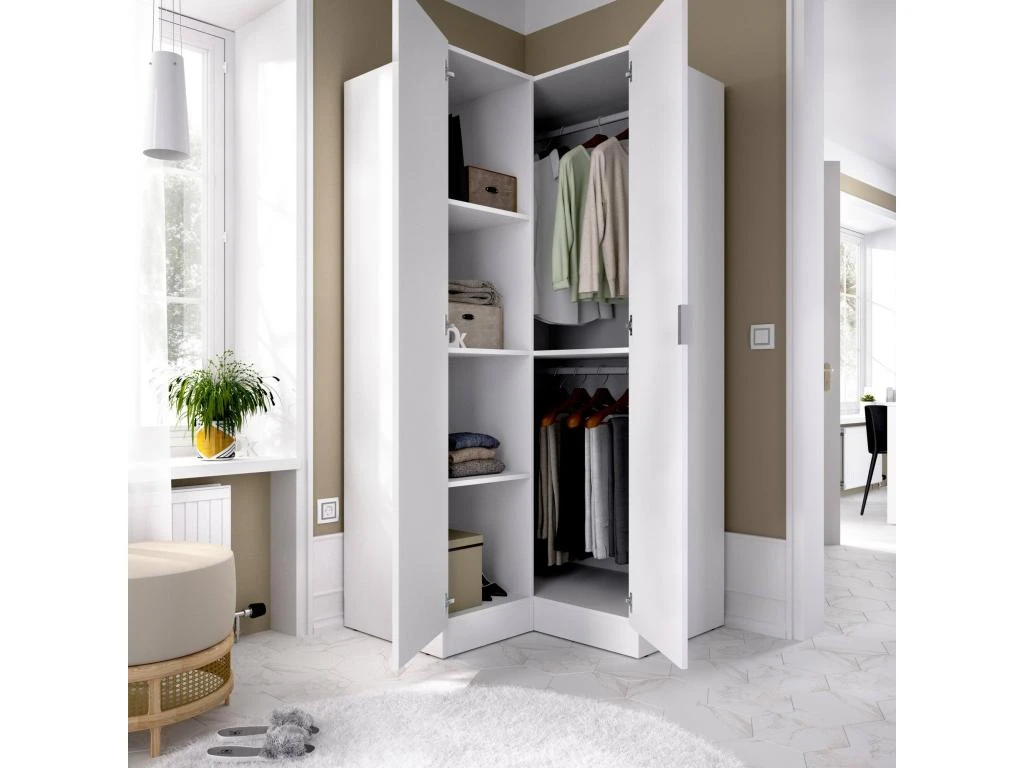 Armoire Dcipo, Meuble D'angle Pour Chambre à Coucher, Armoire D'angle Avec 2 Portes Battantes, 91x93h184 Cm, Blanc 6 Armoire Dcipo, Meuble D'angle Pour Chambre à Coucher, Armoire D'angle Avec 2 Portes Battantes, 91x93h184 Cm, Blanc – Image 4