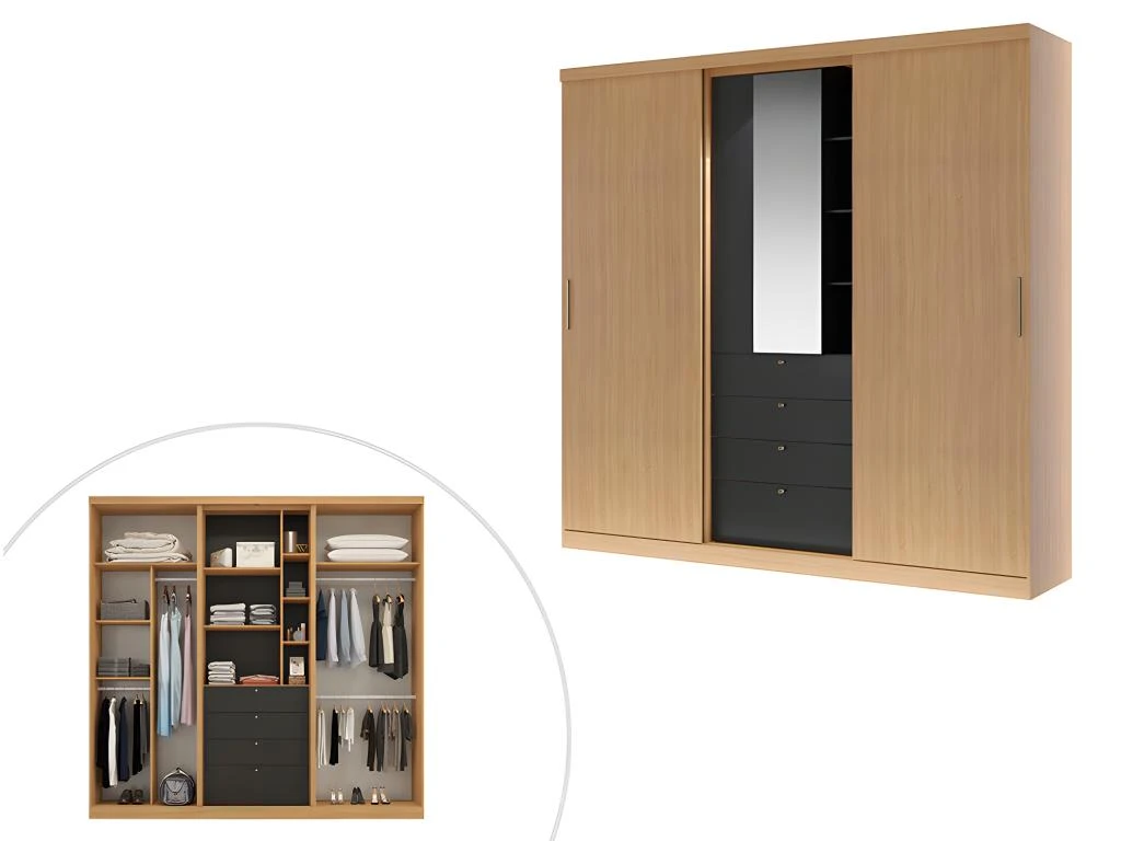 Armoire 2 Portes Coulissantes - Miroir Et Tiroirs - L240cm - Coloris : Naturel Et Noir - BODIL 7 Armoire 2 Portes Coulissantes - Miroir Et Tiroirs - L240cm - Coloris : Naturel Et Noir - BODIL – Image 5