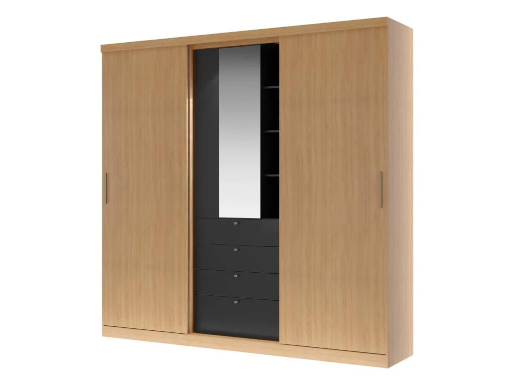 Armoire 2 Portes Coulissantes - Miroir Et Tiroirs - L240cm - Coloris : Naturel Et Noir - BODIL 5 Armoire 2 Portes Coulissantes - Miroir Et Tiroirs - L240cm - Coloris : Naturel Et Noir - BODIL – Image 3