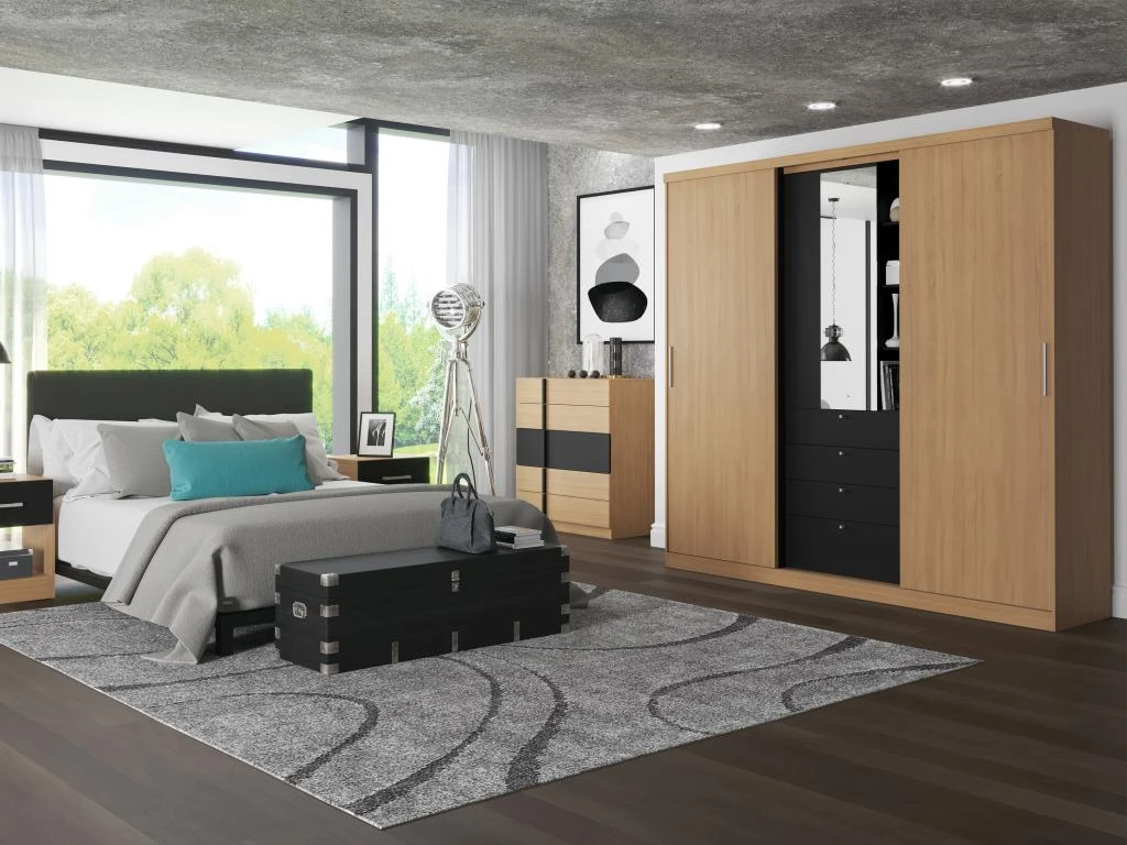 Armoire 2 Portes Coulissantes - Miroir Et Tiroirs - L240cm - Coloris : Naturel Et Noir - BODIL 4 Armoire 2 Portes Coulissantes - Miroir Et Tiroirs - L240cm - Coloris : Naturel Et Noir - BODIL – Image 2