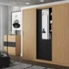 Armoire 2 Portes Coulissantes - Miroir Et Tiroirs - L240cm - Coloris : Naturel Et Noir - BODIL 2 Armoire 2 Portes Coulissantes - Miroir Et Tiroirs - L240cm - Coloris : Naturel Et Noir - BODIL -Meubles Soldes Boutique armoire et dressing 5275491