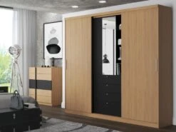 Armoire 2 Portes Coulissantes - Miroir Et Tiroirs - L240cm - Coloris : Naturel Et Noir - BODIL