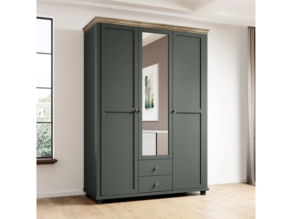 Armoire 150x220 Avec 3 Portes Et 2 Tiroirs. Coloris Vert Kaki Et Chêne. Collection ASSIA 4 Armoire 150x220 Avec 3 Portes Et 2 Tiroirs. Coloris Vert Kaki Et Chêne. Collection ASSIA – Image 2