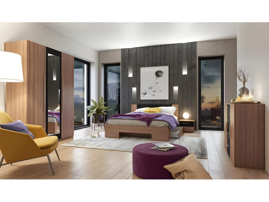 Armoire 4 Portes Avec Miroirs Coloris Red Wallnut Et Noir - IRINA 5 Armoire 4 Portes Avec Miroirs Coloris Red Wallnut Et Noir - IRINA – Image 3