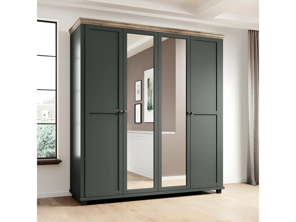 Armoire 200x220 Avec 4 Portes. Coloris Vert Kaki Et Chêne. Collection ASSIA 4 Armoire 200x220 Avec 4 Portes. Coloris Vert Kaki Et Chêne. Collection ASSIA – Image 2