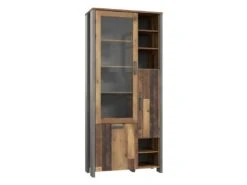 Vitrine 3 Portes Et 14 Niches Effet Bois Vieilli Et Béton Gris - BUCK