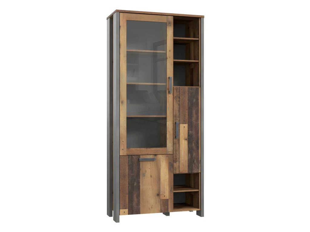 Vitrine 3 Portes Et 14 Niches Effet Bois Vieilli Et Béton Gris - BUCK 3 Vitrine 3 Portes Et 14 Niches Effet Bois Vieilli Et Béton Gris - BUCK