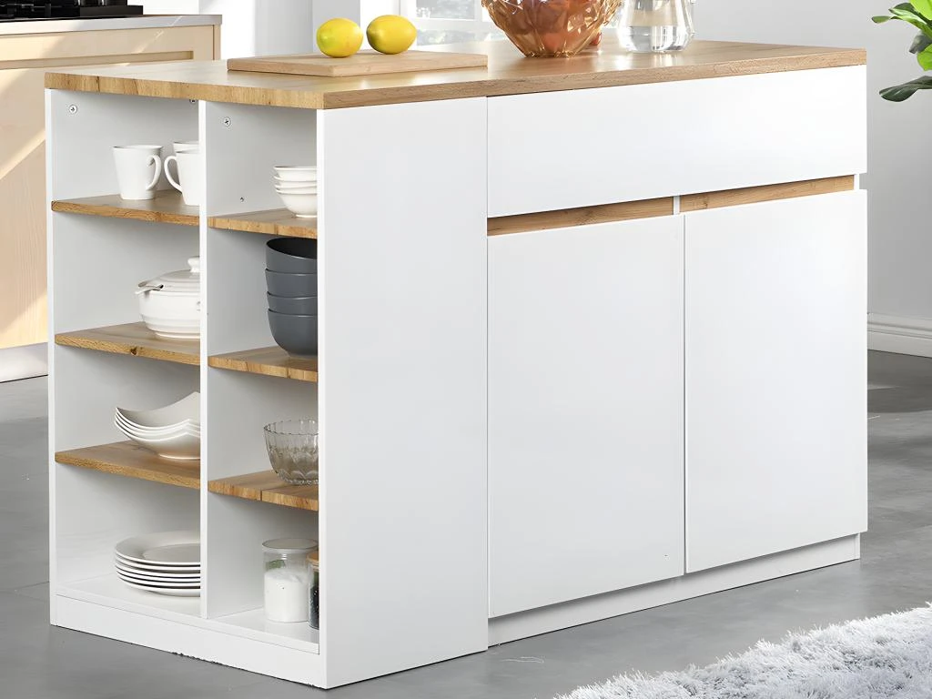 Ilot Central De Cuisine Avec Rangements - Blanc Et Naturel - MEILI 5 Ilot Central De Cuisine Avec Rangements - Blanc Et Naturel - MEILI â Image 3