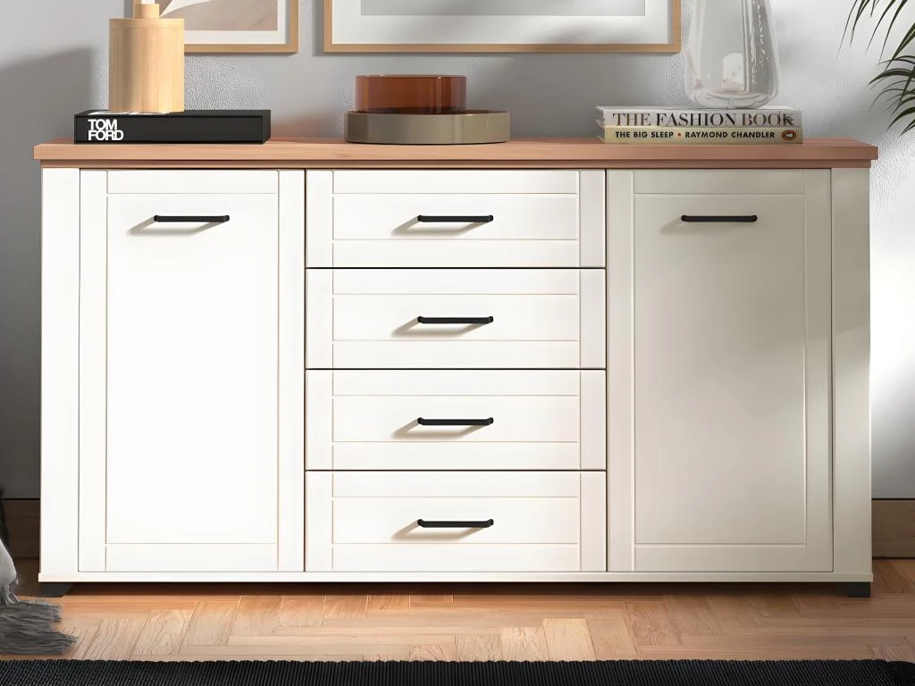 Buffet Avec 2 Portes Et 4 Tiroirs - Blanc Et Naturel - ROTARA 4 Buffet Avec 2 Portes Et 4 Tiroirs - Blanc Et Naturel - ROTARA â Image 2