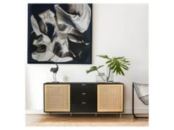 Buffet HARROD - Laque Noir Et Maillage En Rotin Naturel - 2 Portes Et 3 Tiroirs - L 180 X P 40 X H 80 Cm -Meubles Soldes Boutique buffet 12624455