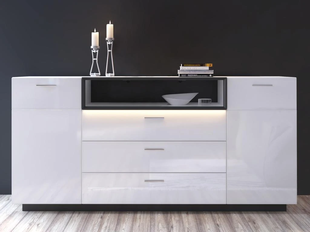 Buffet 2 Portes, 3 Tiroirs Et 1 Niche Avec LEDs - Blanc Laqué Et Noir - DOUREA 4 Buffet 2 Portes, 3 Tiroirs Et 1 Niche Avec LEDs - Blanc Laqué Et Noir - DOUREA – Image 2