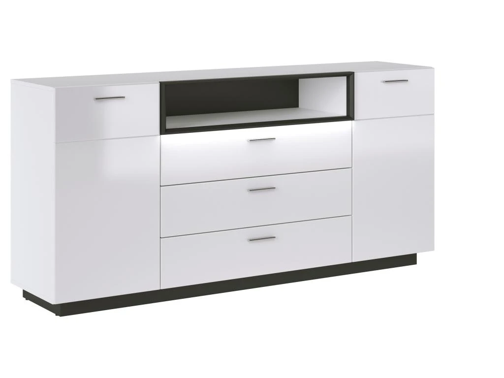 Buffet 2 Portes, 3 Tiroirs Et 1 Niche Avec LEDs - Blanc Laqué Et Noir - DOUREA 5 Buffet 2 Portes, 3 Tiroirs Et 1 Niche Avec LEDs - Blanc Laqué Et Noir - DOUREA – Image 3