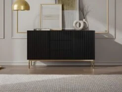 Buffet Avec 2 Portes Et 3 Tiroirs En MDF Et Acier - Noir Et Doré - EVILANA