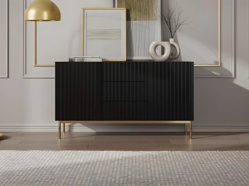 Buffet Avec 2 Portes Et 3 Tiroirs En MDF Et Acier - Noir Et Doré - EVILANA 3 Buffet Avec 2 Portes Et 3 Tiroirs En MDF Et Acier - Noir Et Doré - EVILANA