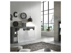 Buffet 3 Portes Blanc Laqué Brillant/Béton Ciré Foncé - ISCHIA -Meubles Soldes Boutique buffet 17635605