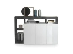 Buffet 3 Portes Blanc Laqué Brillant/Béton Ciré Foncé - ISCHIA -Meubles Soldes Boutique buffet 17635607