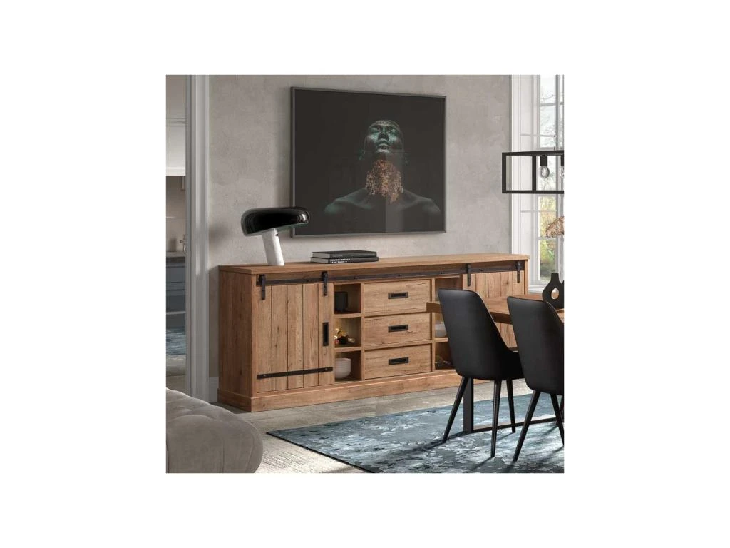 Buffet 2 Portes 3 Tiroirs Chêne Miel/Métal - HERA 4 Buffet 2 Portes 3 Tiroirs Chêne Miel/Métal - HERA – Image 2