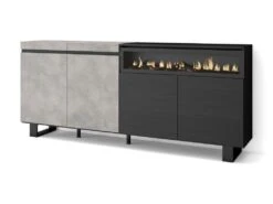 Buffet Salon Et Cuisine, 200x87x35cm, 4 Portes, Cheminée électrique, Design Industriel, Ciment