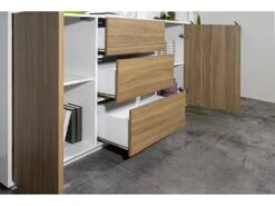 Placard Dmorac, Buffet De Cuisine Avec 2 Portes Et 3 Tiroirs, Buffet De Salon, 100% Made In Italy, 160x41h86 Cm, Blanc Brillant Et Noyer -Meubles Soldes Boutique buffet 22848185