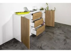 Placard Dmorac, Buffet De Cuisine Avec 2 Portes Et 3 Tiroirs, Buffet De Salon, 100% Made In Italy, 160x41h86 Cm, Blanc Brillant Et Noyer -Meubles Soldes Boutique buffet 22848187