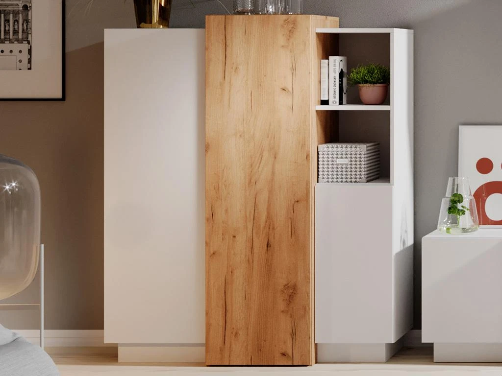 Buffet Haut FRANCOLI - 3 Portes Et 2 Niches - Blanc Et Chêne 4 Buffet Haut FRANCOLI - 3 Portes Et 2 Niches - Blanc Et Chêne – Image 2