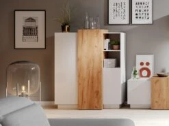 Buffet Haut FRANCOLI - 3 Portes Et 2 Niches - Blanc Et Chêne