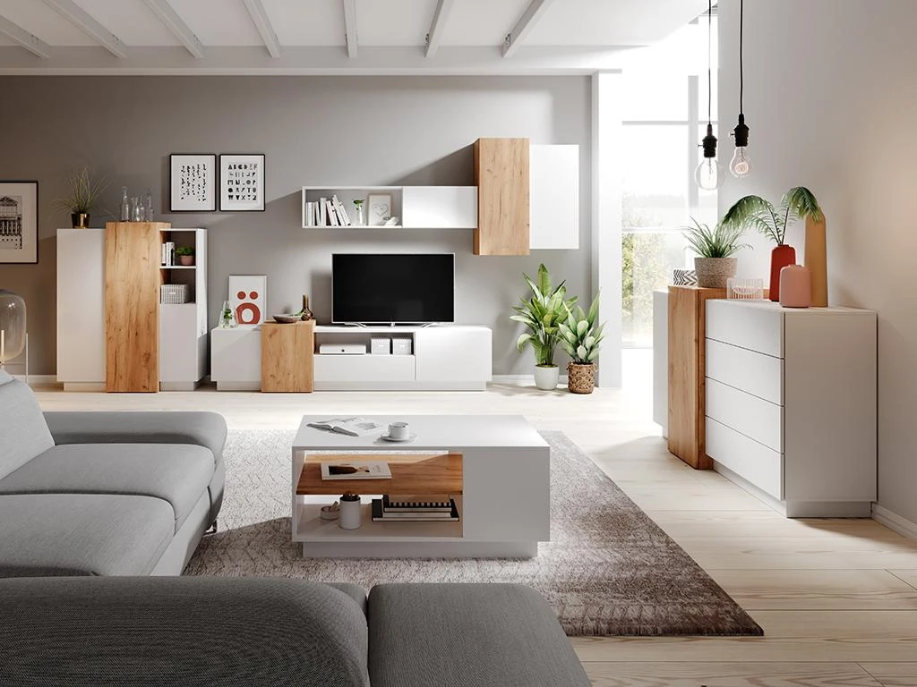 Buffet Haut FRANCOLI - 3 Portes Et 2 Niches - Blanc Et Chêne 5 Buffet Haut FRANCOLI - 3 Portes Et 2 Niches - Blanc Et Chêne – Image 3