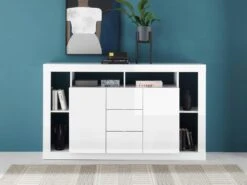 Buffet Avec 2 Portes Et 3 Tiroirs - Blanc Laqué - BALKA -Meubles Soldes Boutique buffet 5635245