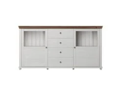 Buffet 180cm Avec LED Intégrées Collection ASSIA. Coloris Frêne Blanc Et Chêne. 2 Portes Et 4 Tiroirs.
