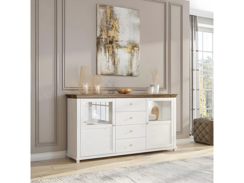 Buffet 180cm Avec LED Intégrées Collection ASSIA. Coloris Frêne Blanc Et Chêne. 2 Portes Et 4 Tiroirs. 4 Buffet 180cm Avec LED Intégrées Collection ASSIA. Coloris Frêne Blanc Et Chêne. 2 Portes Et 4 Tiroirs. – Image 2