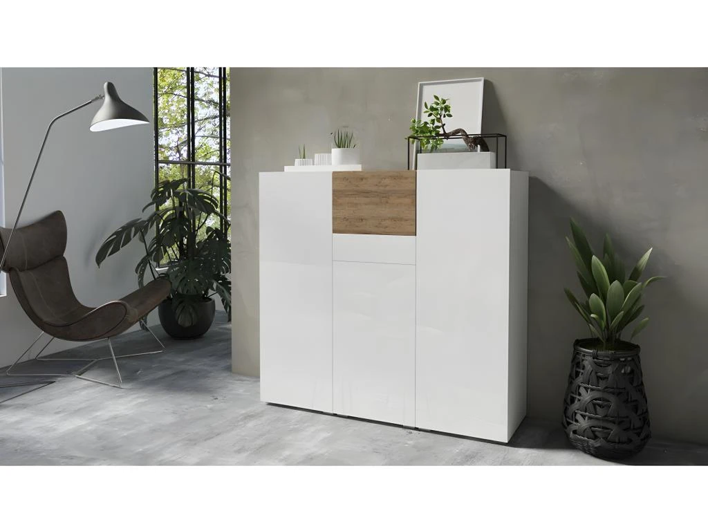 Buffet Haut Design Pour Salon Couleur Blanc Et Chêne Collection RIGA. 4 Buffet Haut Design Pour Salon Couleur Blanc Et Chêne Collection RIGA. – Image 2