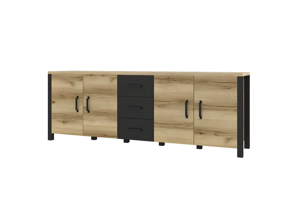 Buffet 220cm Collection DARWIN. Couleur Chêne Clair Et Noir. 4 Portes Et 3 Tiroirs 3 Buffet 220cm Collection DARWIN. Couleur Chêne Clair Et Noir. 4 Portes Et 3 Tiroirs