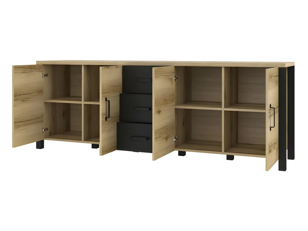 Buffet 220cm Collection DARWIN. Couleur Chêne Clair Et Noir. 4 Portes Et 3 Tiroirs 4 Buffet 220cm Collection DARWIN. Couleur Chêne Clair Et Noir. 4 Portes Et 3 Tiroirs – Image 2