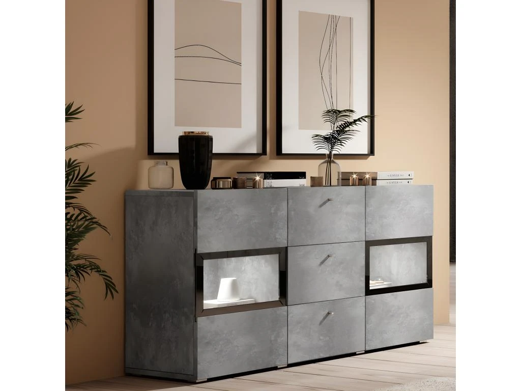 Buffet 2 Portes Et 3 Tiroirs Collection RAMOS. Éclairage LED Intégré. Coloris Gris Effet Béton Et Noir. 4 Buffet 2 Portes Et 3 Tiroirs Collection RAMOS. Éclairage LED Intégré. Coloris Gris Effet Béton Et Noir. – Image 2