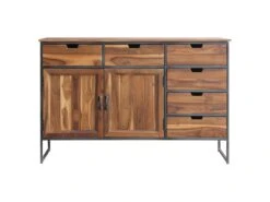 TONIA - Bahut 2 Portes 6 Tiroirs Teck Massif Piètement Acier